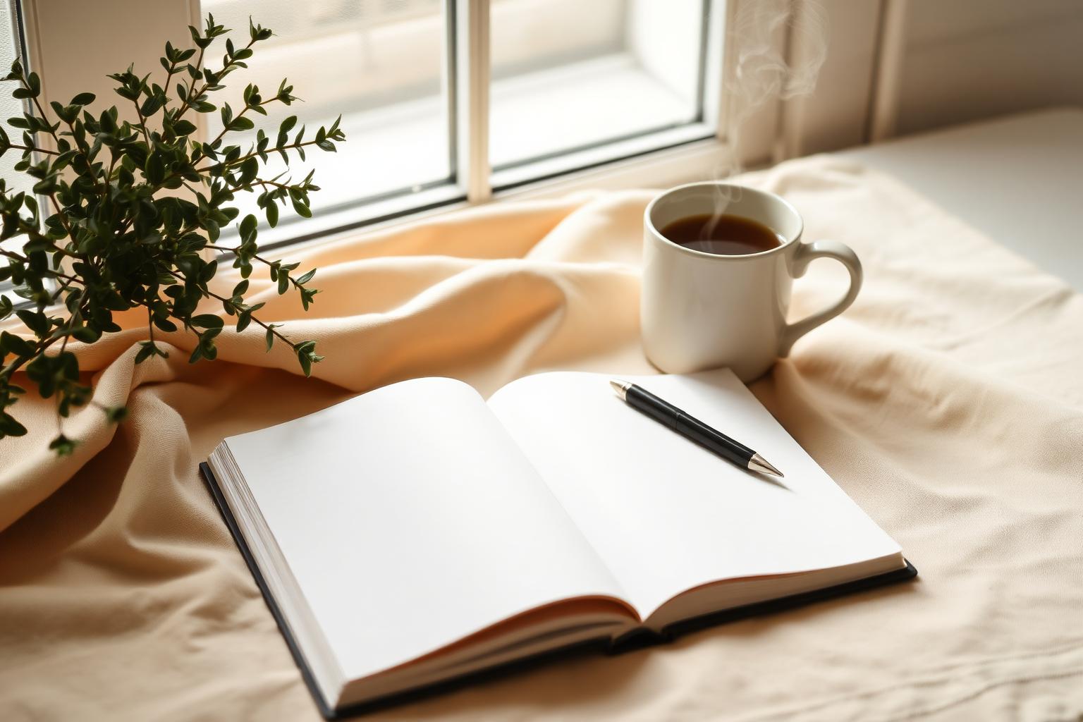 An open notebook, pen, and warm cup beside a small green plant by a sunlit window
